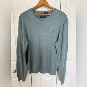 Polo Ralph Lauren Mens Sweater V Neck Green Sz Large M Pullover Long Sleeve